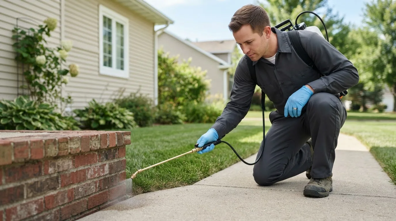 Pest control technician treating a home near Corryton, TN